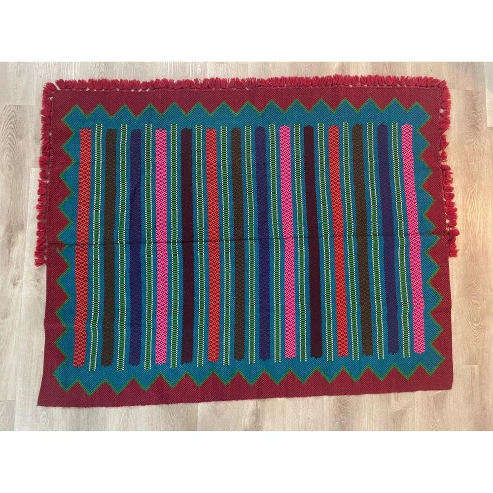 Vintage Mayan Blanket Rug Guatemalan‎ Mexican Wool Frazada Striped Fringe